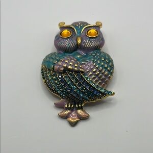 Elegant Owl Brooch with Blue and Gold Accents Vintage